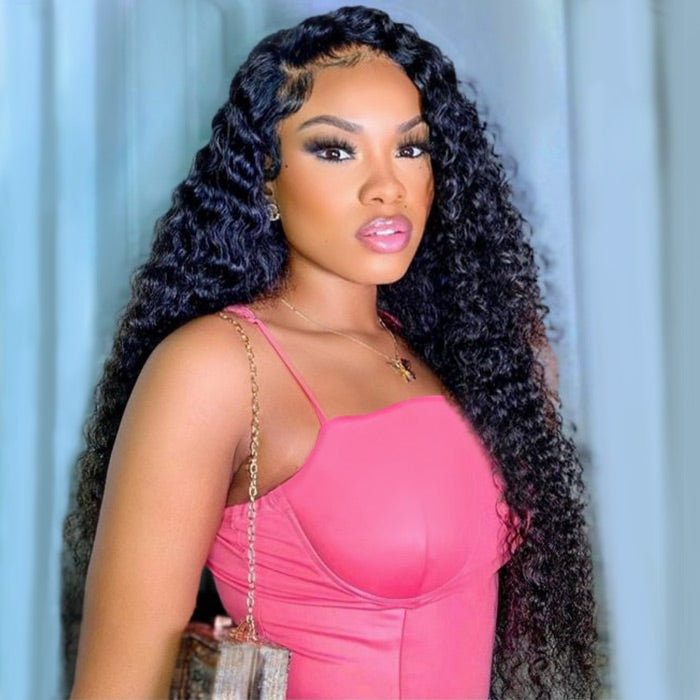 180 Density Deep Wave 13x6 Transparent Lace Front Wigs Brazilian Curly Human Hair Pre Plucked Half Lace Wig
