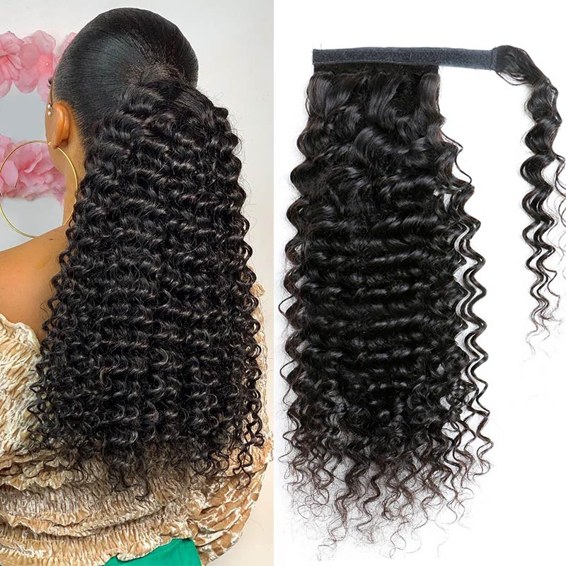 Long Deep Wave Wrap Around Ponytail Hair Extensions Natural Black Brazilian Curly Human Hair Velcro Pony Tail
