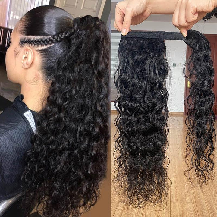 Human Hair Extensions Wrap Around Ponytail Curly Water Wave
