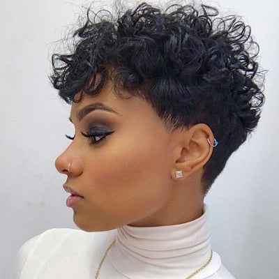 Modern Show Short Water Wave Curly Gamine Hairstyles Glueless Machine Made Human Hair Wigs