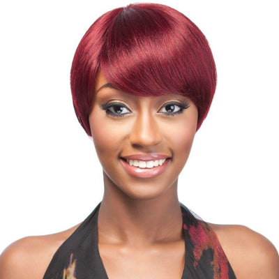 Modern Show Hair Short Human Hair Wig With Bangs #99J Red Color Pixe Haircuts Wig For Women Glueless Machine Wig