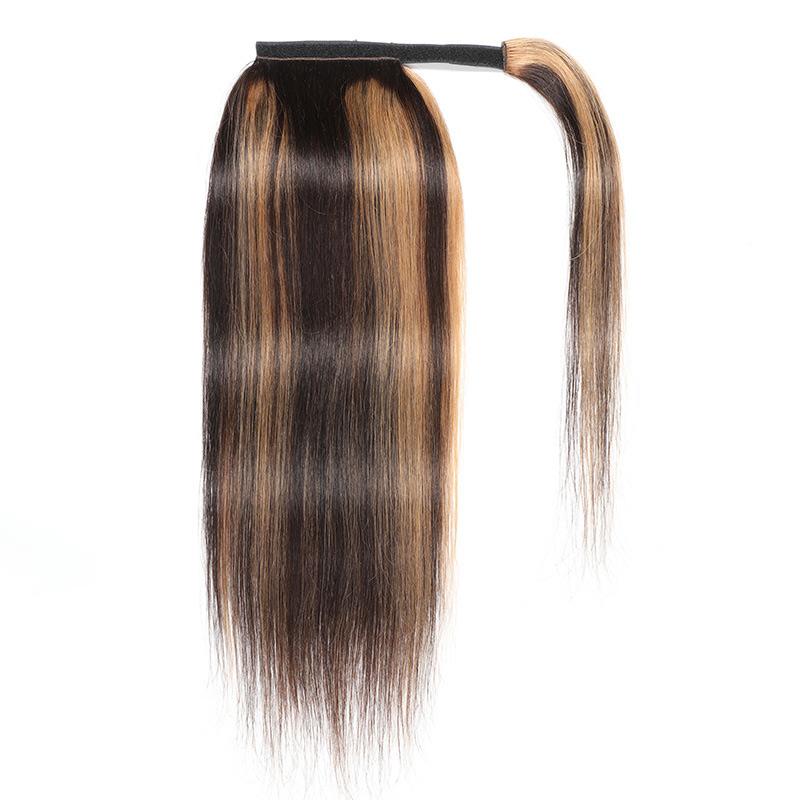 Modern Show #4/27 Highlight Color Straight Human Hair Velcro Ponytail Wrap Around Clip In Ponytail Hair Extensions