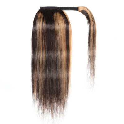 Modern Show #4/27 Highlight Color Straight Human Hair Velcro Ponytail Wrap Around Clip In Ponytail Hair Extensions