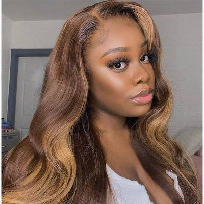 Modern Show 28 Inch Highlight Human Hair Wigs Body Wave Lace Front Wigs Ombre 4/27 Color Remy Hair Wigs