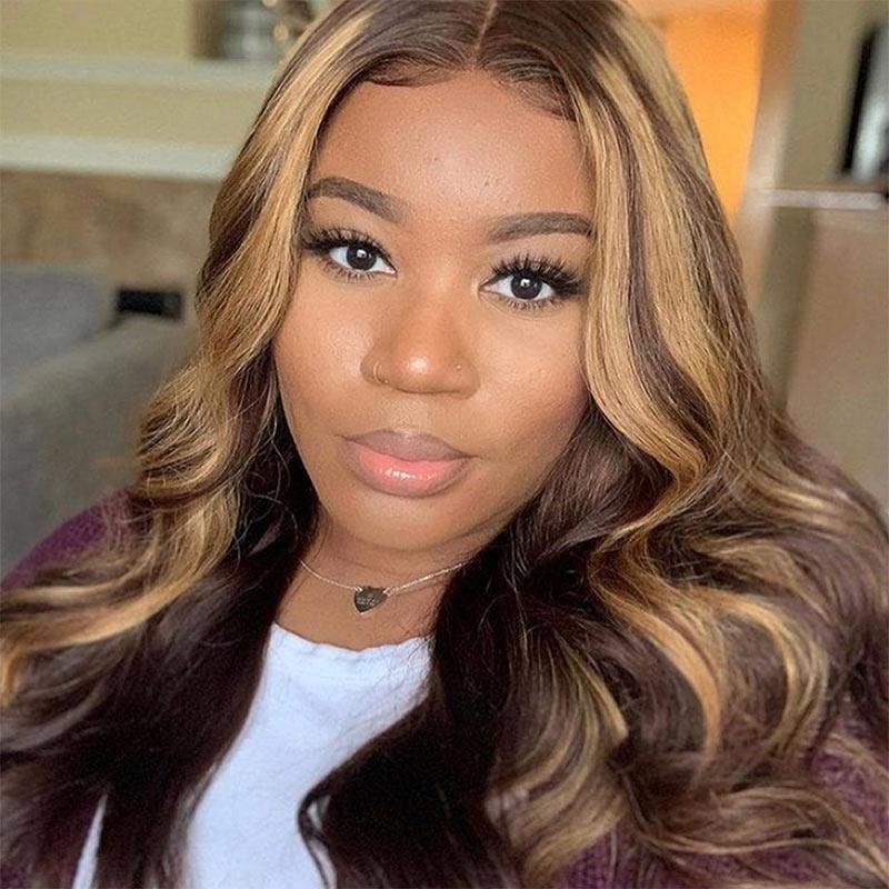 Modern Show 28 Inch Highlight Human Hair Wigs Body Wave Lace Front Wigs Ombre 4/27 Color Remy Hair Wigs
