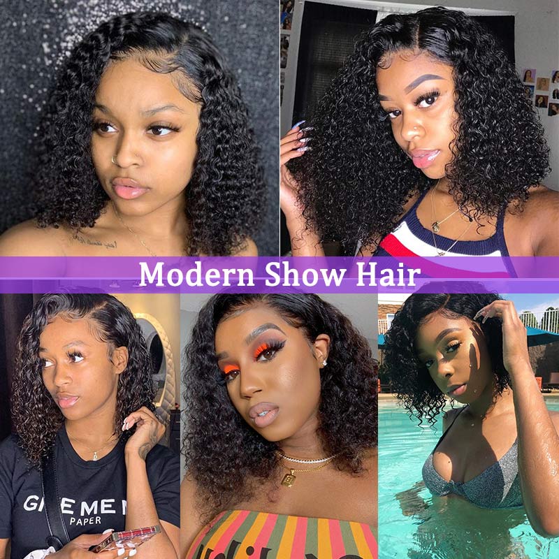 Modern Show Kinky Curly Bob Glueless Short Brazilian Human Hair Wigs Side Part 4x4 Lace Closure Wigs-customer show