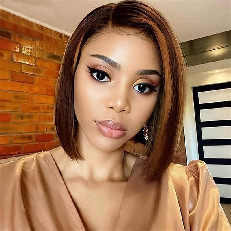 Modern Show Piano Highlight Color Human Hair Wigs Short Bob #4/27 Color Straight Hair 4x4 Lace Closure Wig