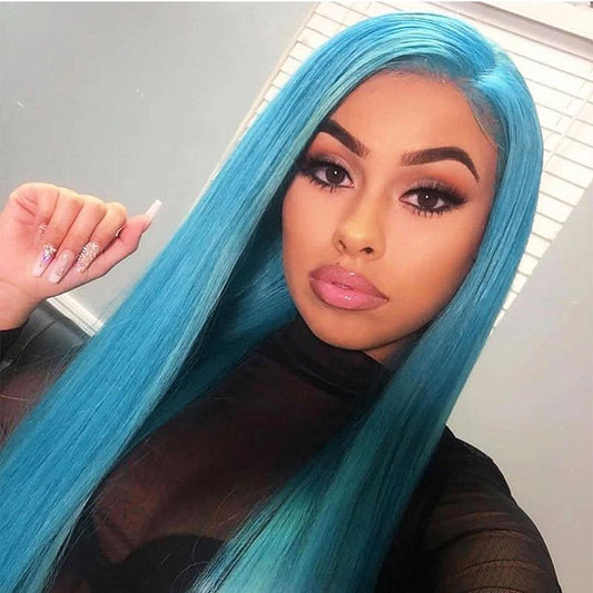 Modern Show Blue Green Color Human Hair Wigs 28 inch Long Straight Brazilian Hair Pre Plucked Lace Front Wig For Women