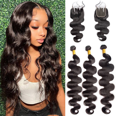 Modern Show 28-40 Inch Long Black Body Wave Hair 3 Bundles With Closure Remy Human Hair Weave For Sew In