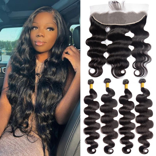 Modern Show 40 Inch Long Body Wave Hair 4 Bundles With Frontal Real Remy Human Hair Wave With 13x4 Lace Frontal Closure