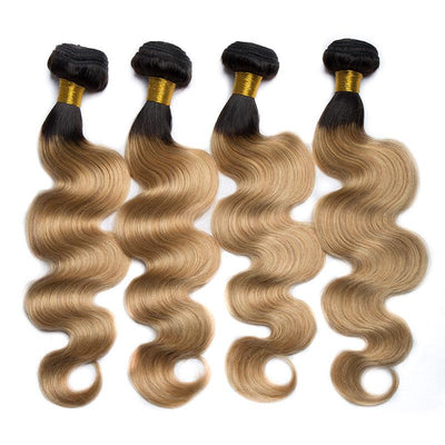 Modern Show Long Body Wave Ombre Hair 4 Bundles 1b/27 Two Tone Middle Golden Color Human Hair Brazilian Weave