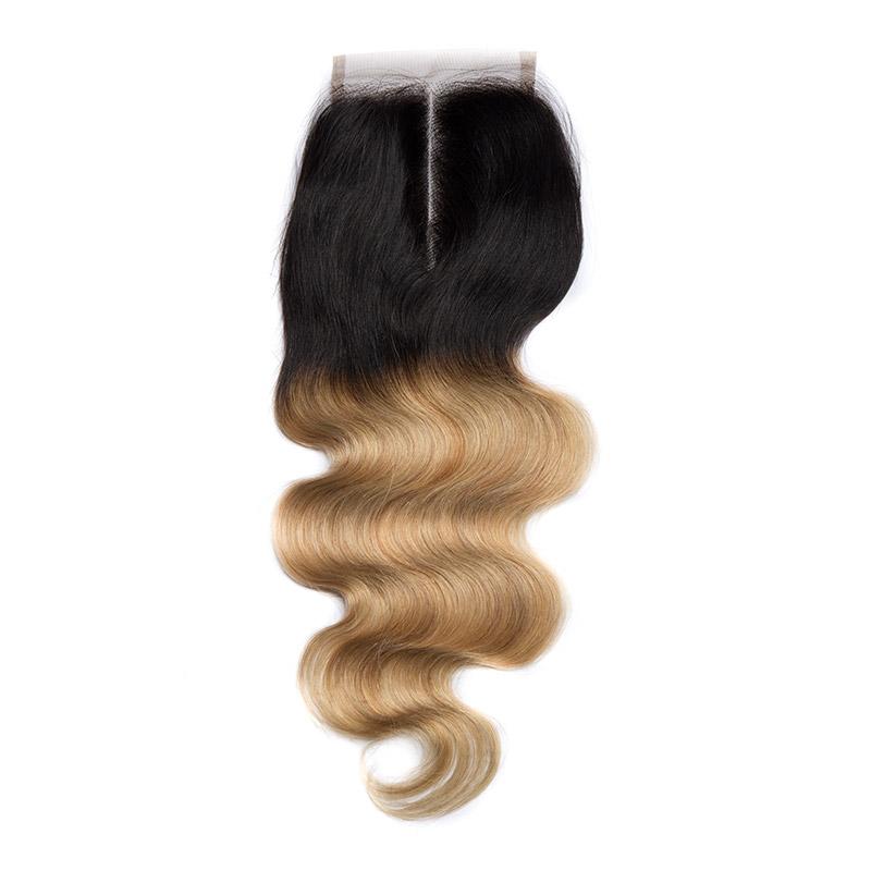 Modern Show Body Wave 1B/27 Color Lace Closure Middle Golden Ombre Human Hair 4x4 Swiss Lace Closure With Baby Hair