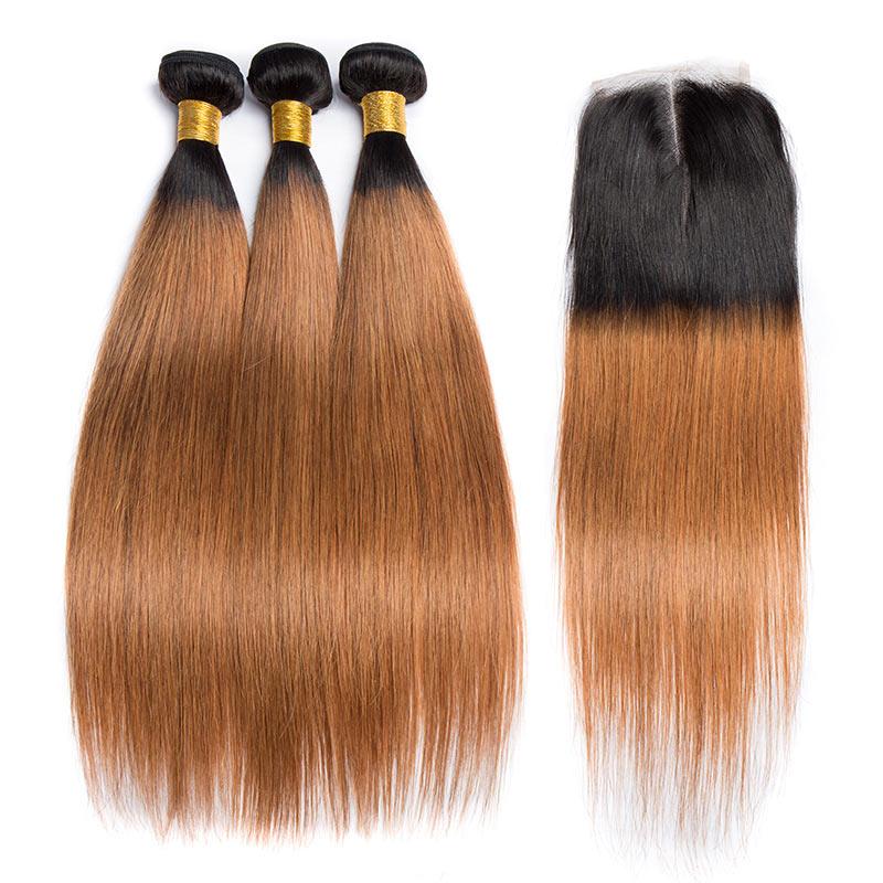 Modern Show 1B/30 Ombre Color Brazilian Hair Straight 3 Bundles With Closure Human Hair Weave With Lace Closure