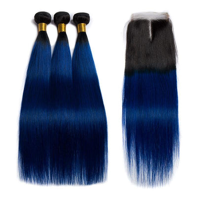 Modern Show 1B/Blue Ombre Hair Color Straight Hair 3 Bundles With Closure Brazilian Human Hair Weave With 4x4 Lace Closure