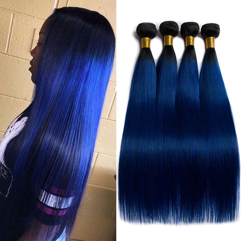 Modern Show 4 Bundles Long Ombre Brazilian Straight Human Hair Weave 2 Tone 1B/Blue Color Hair
