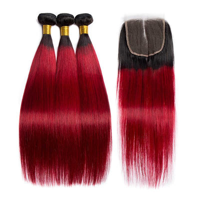 Modern Show 1B/Burgundy Color Red Ombre Hair 3 Bundles With Closure Brazilian Straight Weave Human Hair With Lace Closure