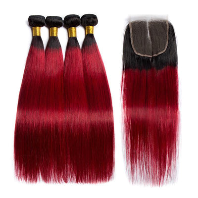 Modern Show 1B/Burgundy Red Ombre Hair Straight 4 Bundles With Closure Brazilian Human Hair Weave With 4x4 Lace Closure
