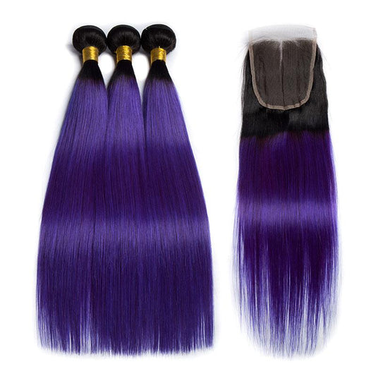 Modern Show 1B/Purple Ombre Color Straight Hair 3 Bundles With Closure Brazilian Weave Human Hair With 4x4 Lace Closure