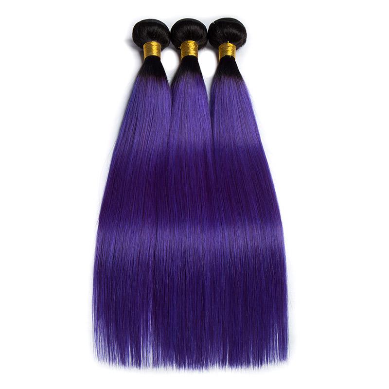 Modern Show Black Roots Purple Hair Straight Hair Bundles 3Pcs Long Brazilian Weave Human Hair Extensions