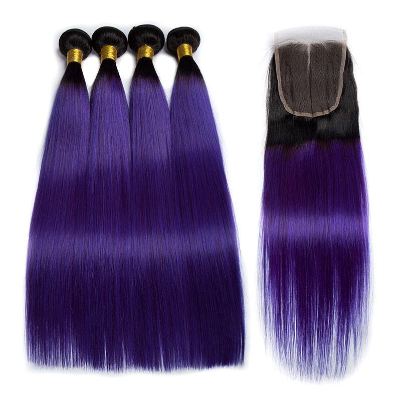 Modern Show 1B/Purple Ombre Hair Straight 4 Bundles With Closure Brazilian Human Hair Weave With 4x4 Lace Closure