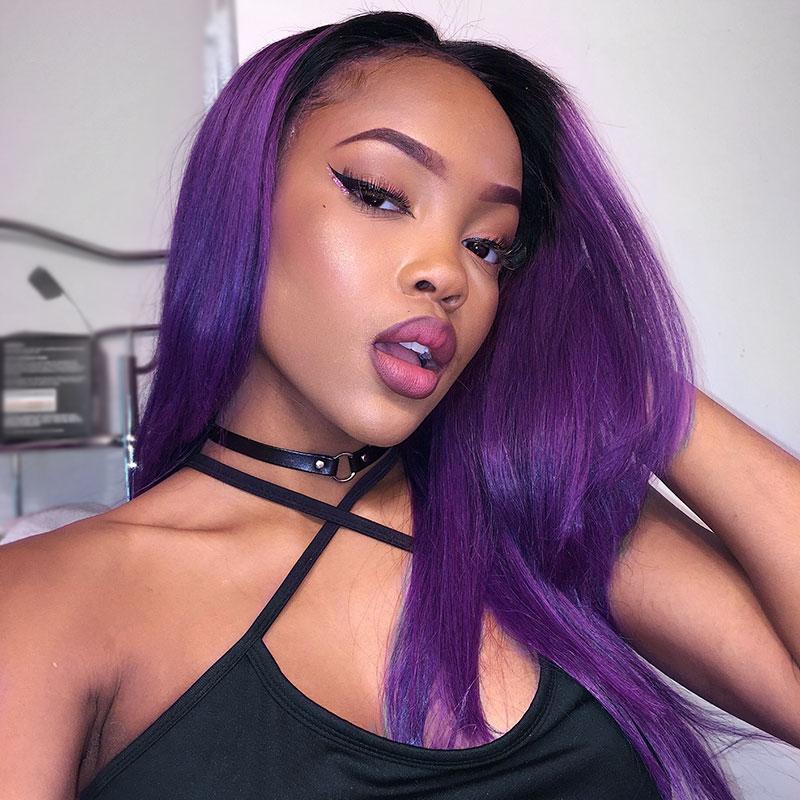Black Roots Purple Hair Straight Brazilian Human Hair Weave