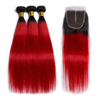 Modern Show 1B/Red Color Ombre Hair Straight 3 Bundles With Closure Brazilian Human Hair Weave With 4x4 Lace Closure