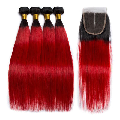 Modern Show 1B/Red Color Straight Human Hair 4 Bundles With Closure Ombre Brazilian Hair Weave With 4x4 Lace Closure