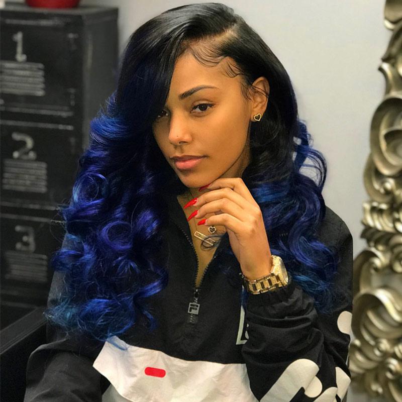 Modern Show 1B/Blue Ombre Color Hair Body Wave 4 Bundles With Closure Brazilian Human Hair Weave With 4x4 Lace Closure