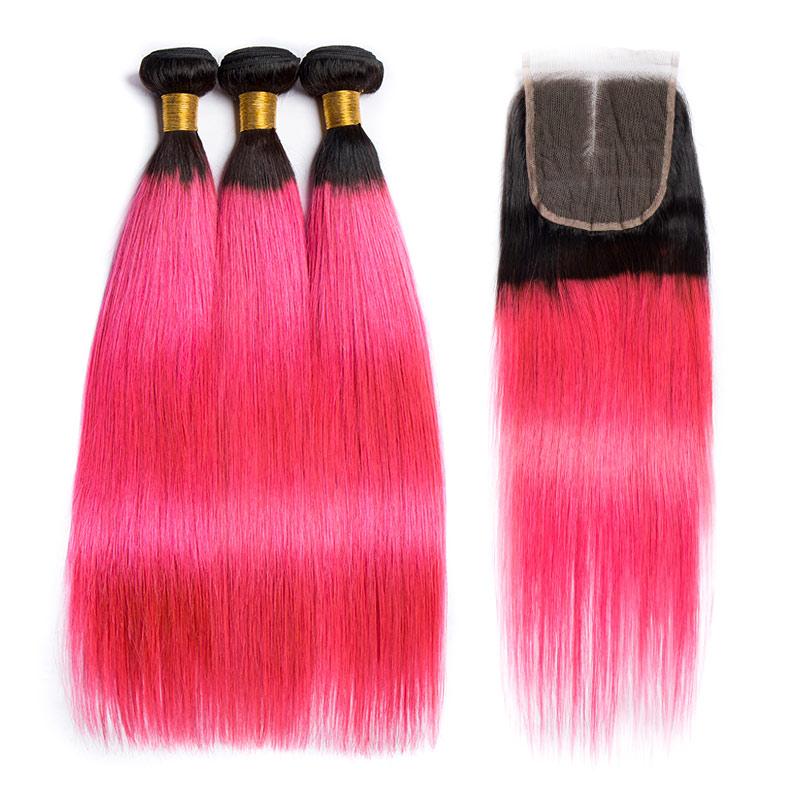 Modern Show Ombre Hair 1B/Pink Color Straight 3 Bundles With Closure Brazilian Weave Human Hair With 4x4 Lace Closure