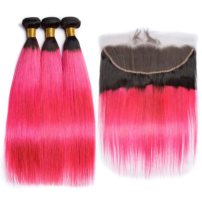 Modern Show 1B/Pink Ombre Color Straight Human Hair Bundles With Frontal Brazilian Weave 3pcs With Lace Frontal Closure