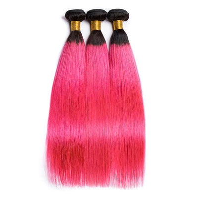 Modern Show Black Roots Pink Hair Straight Hair Bundles 3Pcs Long Brazilian Human Hair Weave