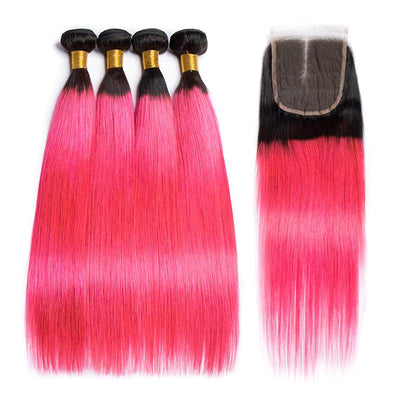 Modern Show 1B/Pink Ombre Hair 4 Bundles With Closure Brazilian Straight Human Hair Weave With 4x4 Lace Closure