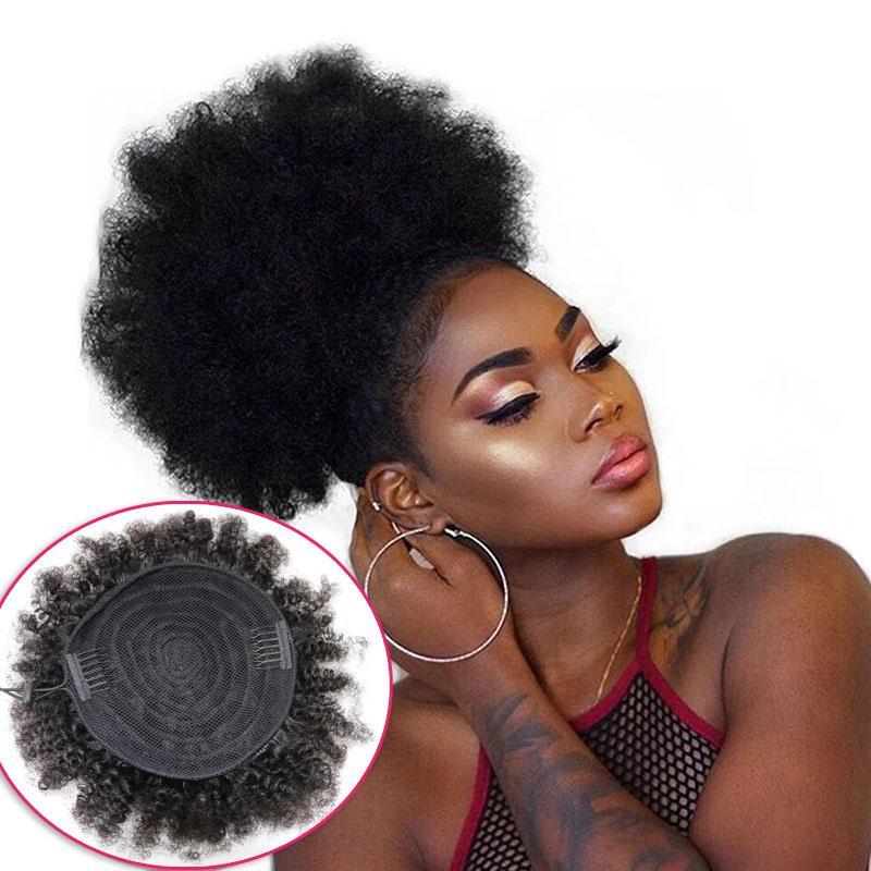 Modern Show Short Afro Puff Kinky Curly Drawstring Ponytail Wig Remy Human Hair Bun Clip in Extensions Chignon Hairpiece