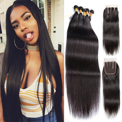 Modern Show 28- 40 Inch Long Black Straight Hair 4 Bundles With Closure Remy Human Hair Weave
