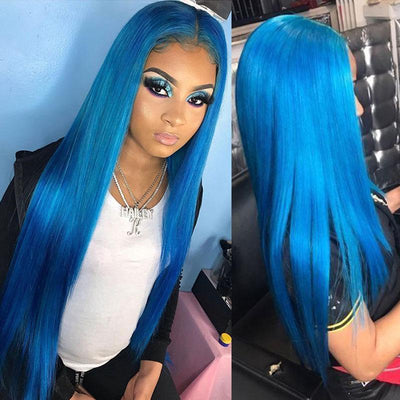 Modern Show Sky Blue Hair Color Human Hair Wigs 28 Inch Long Straight Brazilian Hair Transparent Lace Front Wig For Women