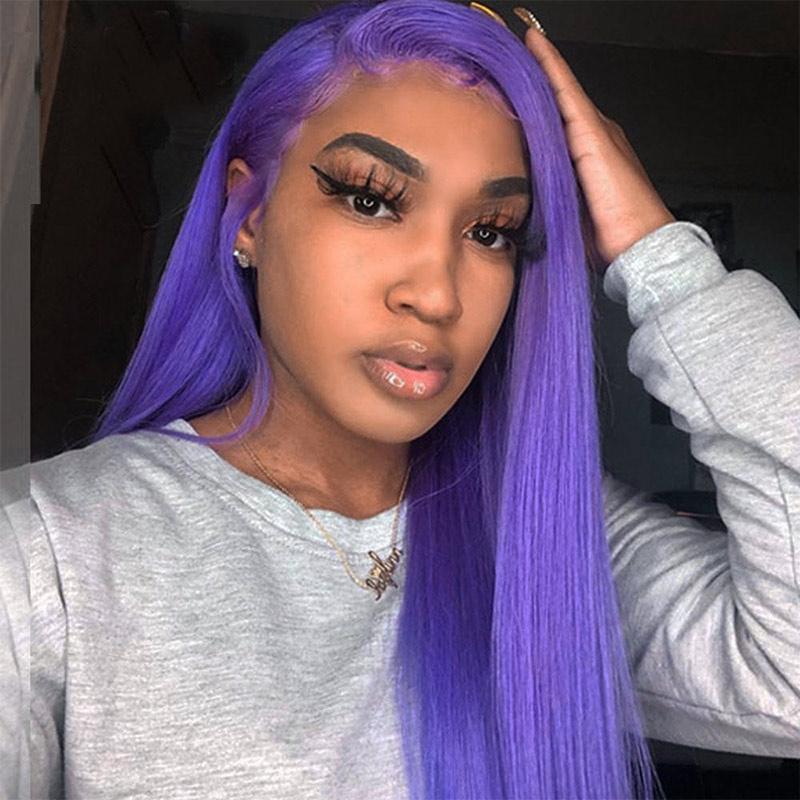 Modern Show 28 inch Long Straight Purple Hair Color Human Hair Wigs Brazilian Hair Pre Plucked Lace Front Wig For Women