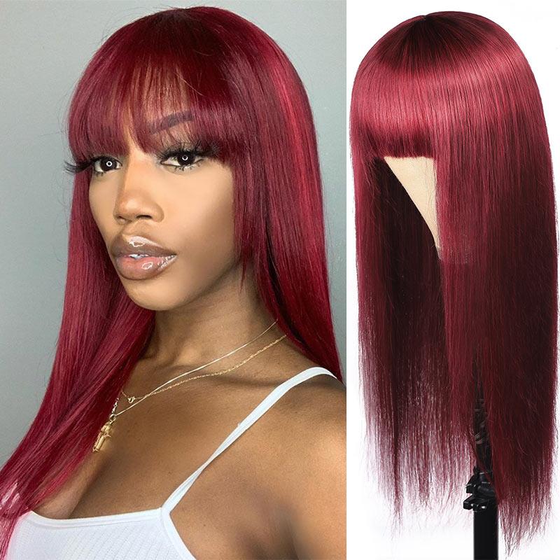 Modern Show 99j Hair Color Human Hair Wigs Burgundy Straight Wig With Bangs Glueless Remy Hair Full Machine Wigs