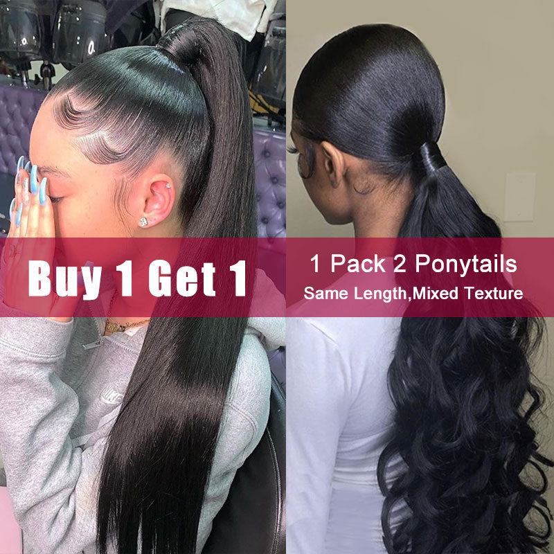 Buy 1 Get 1 Free | Modern Show Human Hair Ponytail Wrap Around Clip In Hair Extensions Straight/Body Wave/Afro Curly Hair Velcro Ponytail