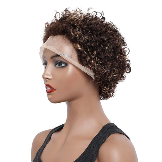 Modern Show Short Afro Curly Highlight Color Human Hair Wigs #4/27 Pixie Haircuts 13x1 Lace Front Wig For Women