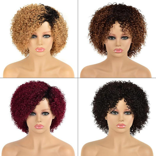 Modern Show Brown Ombre Short Curly Human Hair Wigs 1b/27/99j Burgundy Color Glueless Machine Made Wig For Women