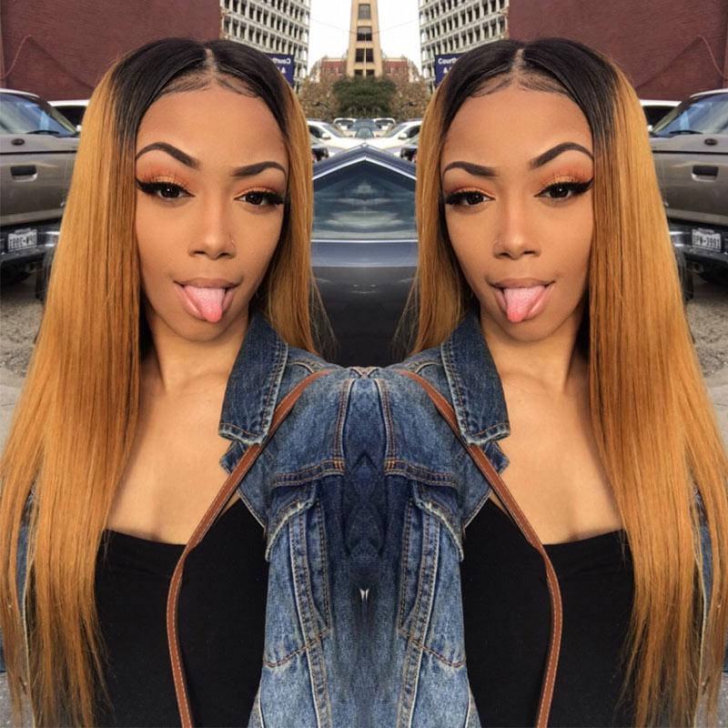 Modern Show Gold Ombre 1b/27 Hair Color Wig Long Straight Brazilian Human Hair Wigs Pre Plucked Lace Front Wig With Baby Hair