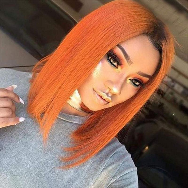 Modern Show Short Bob Wig Ombre 1b/Orange Color Straight Human Hair Wigs Pre Plucked Brazilian Hair Lace Front Wigs For Women