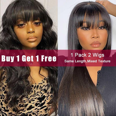 Buy 1 Get 1 Free (2 Wigs) | Modern Show Glueless Human Hair Wigs With Bangs Long Brazilian Straight / Body Wave Hair Wigs