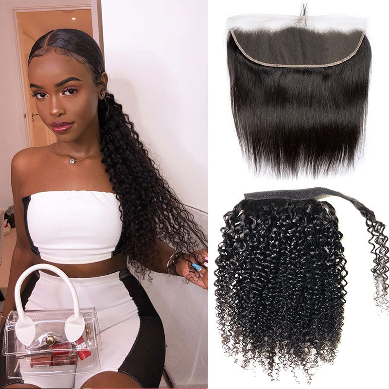 Modern Show Kinky Curly Frontal Ponytail Extensions Wrap Around Remy Human Hair Ponytail With Lace Frontal