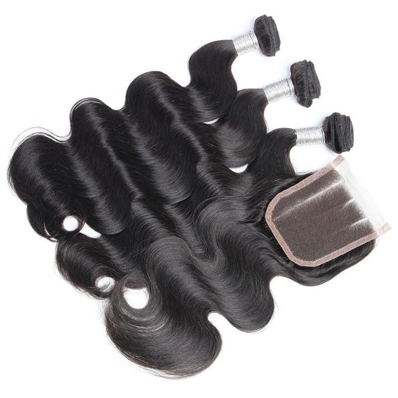 Modern Show Hair Unprocessed Raw Indian Virgin Remy Human Hair Weave Body Wave 3 Bundles With Lace Closure