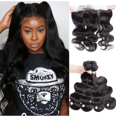 Modern Show High Quality Raw Indian Virgin Remy Body Wave Hair 4 Bundles With 13X4 HD Transparent Lace Frontal Closure
