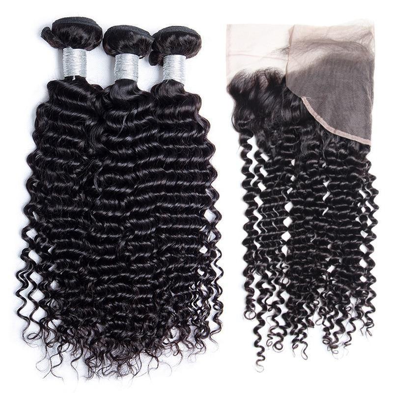 Modern Show Ear To Ear Lace Frontal Closure With 3 Bundles Remy Indian Curly Weave Human Hair Extensions