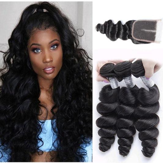 Modern show Raw Indian Virgin Hair Loose Wave 3 Bundles With 4x4 Lace Closure 100% Real Human Hair