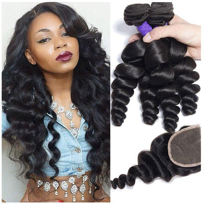 Modern Show Hair 10A Raw Indian Virgin Hair Loose Wave Human Hair 4 Bundles With 4x4 Swiss Lace Closure