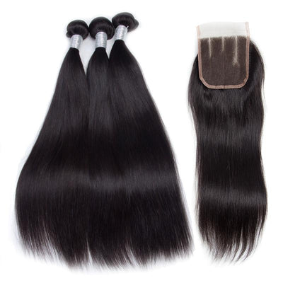 Modern Show Good Raw Indian Virgin Remy Human Hair Extensions Straight 3 Bundles With Lace Closure